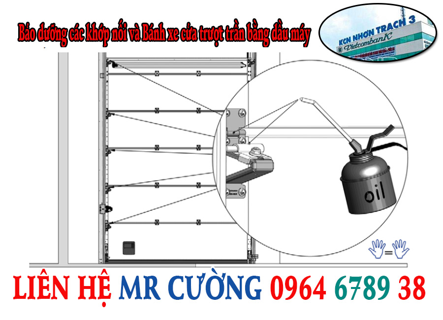 Bảo dưỡng các khớp nối và Bánh xe cửa trượt trần bằng dầu máy